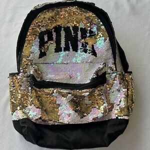Victoria’s Secret Pink & Gold Sequin Backpack Trendy Sparkle Purse Gym School VS